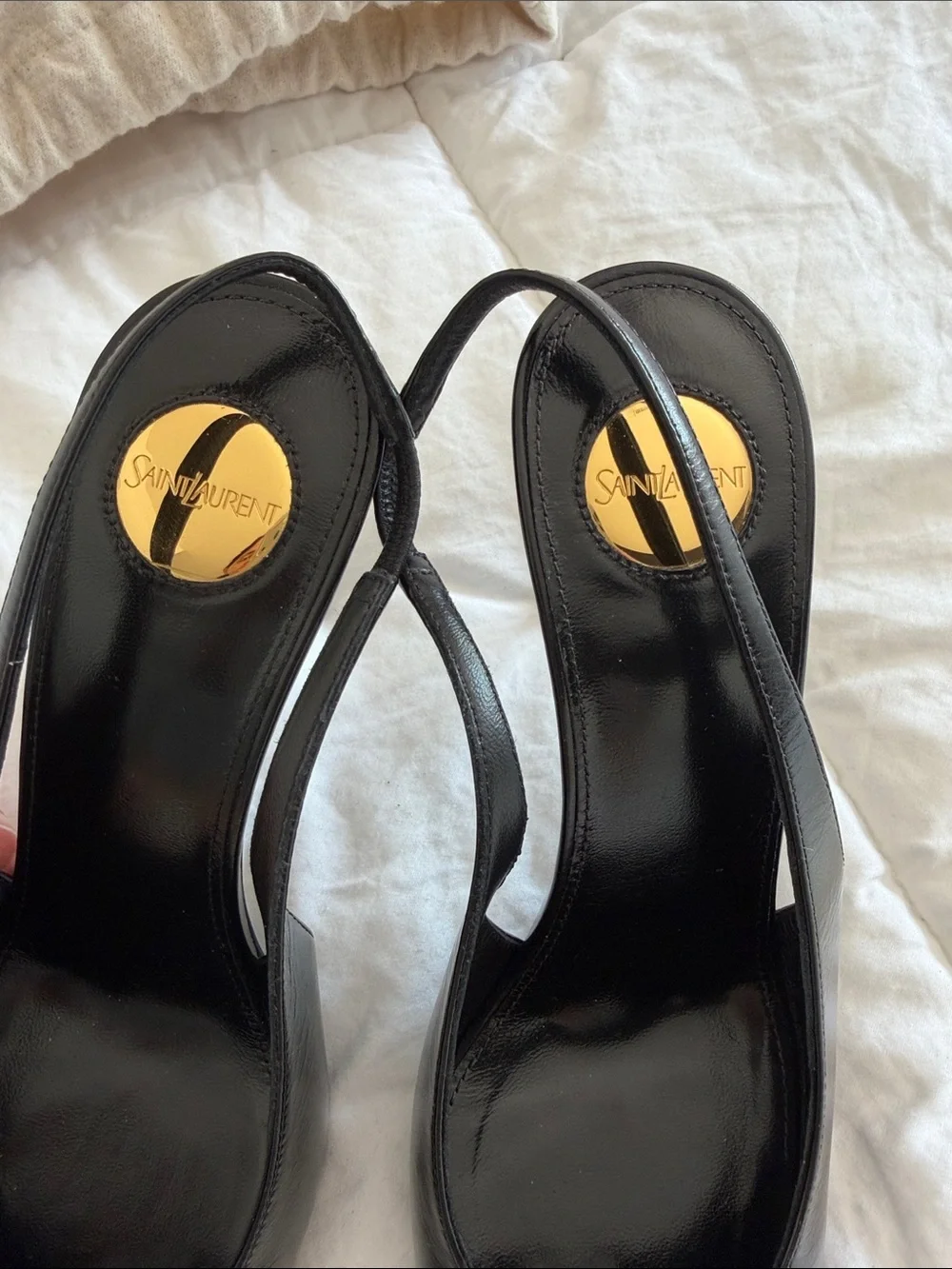 Saint Laurent Black Leather Pointed Slingback Pumps with Gold YSL Charm